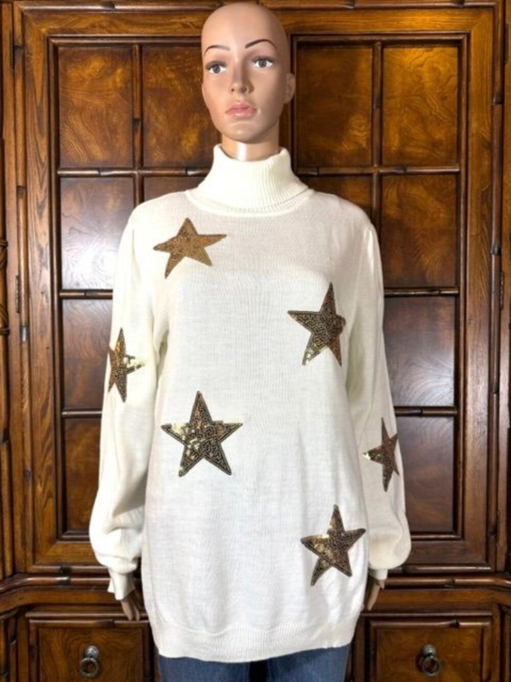 New York & Company Ivory Gold Sequin Stars Turtleneck Sweater